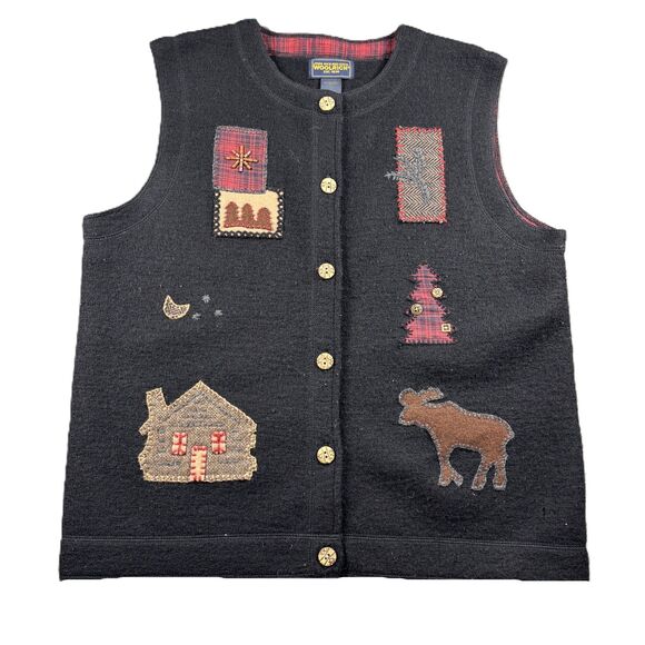 Woolrich Women Wool Vest Embroidered Christmas Tree Cabin Reindeer Large I224 - Picture 1 of 10